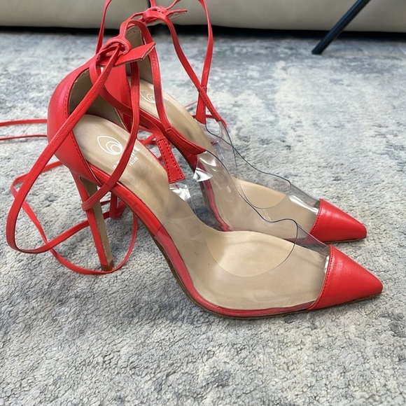 Brother Vellies De Fleur Ankle Tie Pointed Toe Pumps Red Orange PVC Sz 6 - Picture 8 of 15